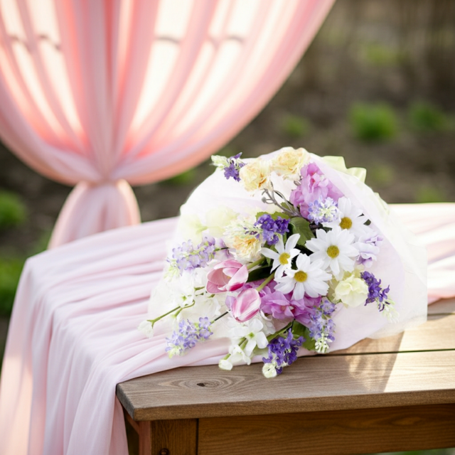 【贈答・贈呈用花束・造花花束・花束ギフト】スイートピーとチューリップのアーティフィシャルフラワーブーケ/パープルミックス