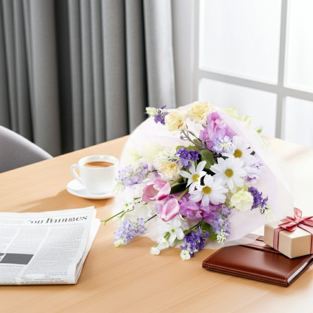 【贈答・贈呈用花束・造花花束・花束ギフト】スイートピーとチューリップのアーティフィシャルフラワーブーケ/パープルミックス