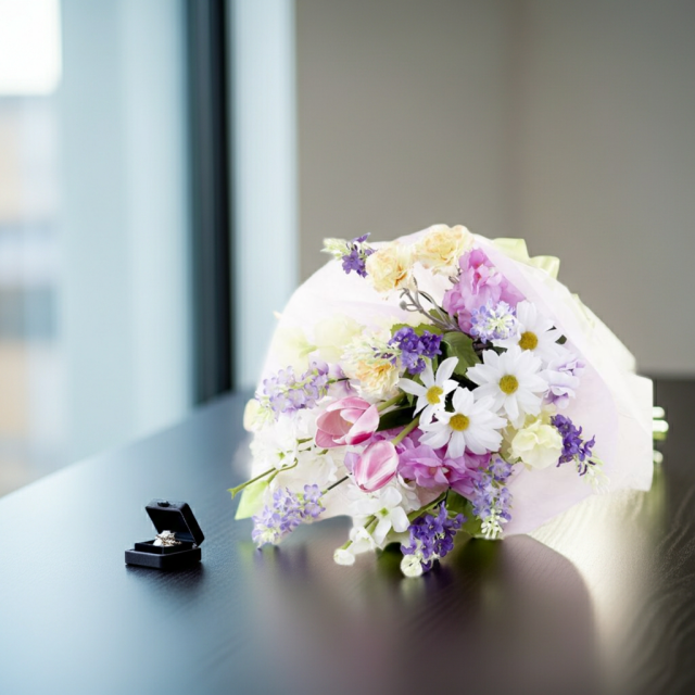 【贈答・贈呈用花束・造花花束・花束ギフト】スイートピーとチューリップのアーティフィシャルフラワーブーケ/パープルミックス