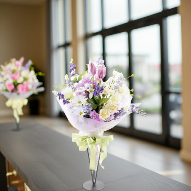 【贈答・贈呈用花束・造花花束・花束ギフト】スイートピーとチューリップのアーティフィシャルフラワーブーケ/パープルミックス