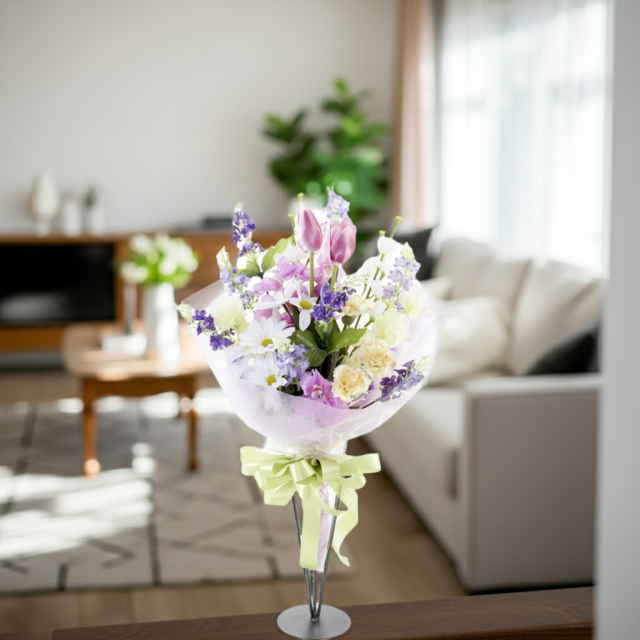 【贈答・贈呈用花束・造花花束・花束ギフト】スイートピーとチューリップのアーティフィシャルフラワーブーケ/パープルミックス
