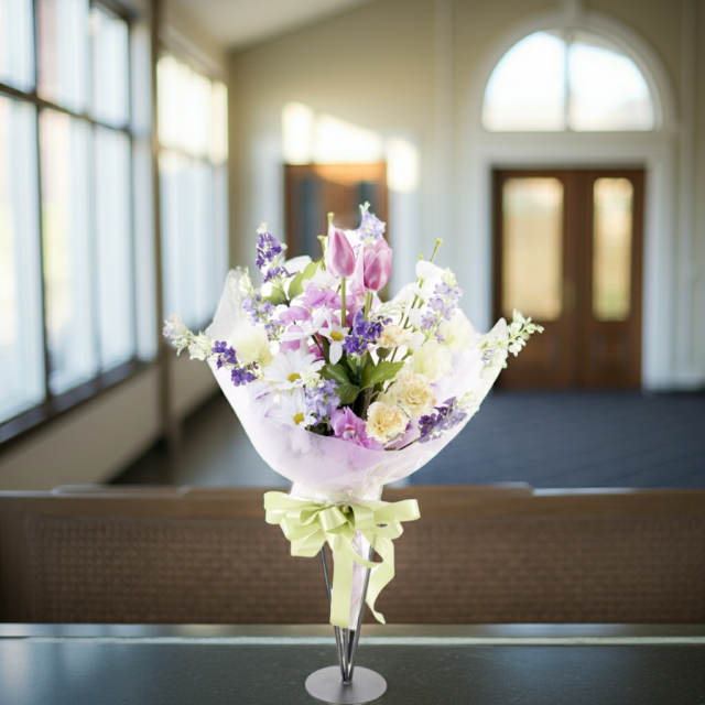 【贈答・贈呈用花束・造花花束・花束ギフト】スイートピーとチューリップのアーティフィシャルフラワーブーケ/パープルミックス