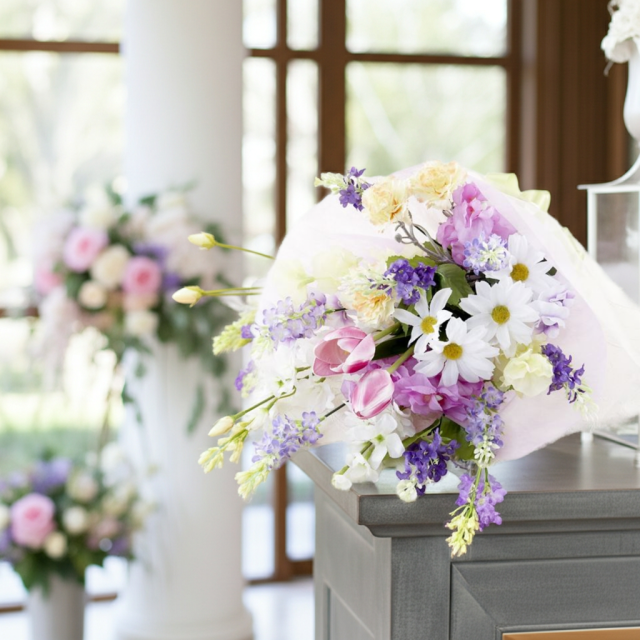 【贈答・贈呈用花束・造花花束・花束ギフト】スイートピーとチューリップのアーティフィシャルフラワーブーケ/パープルミックス