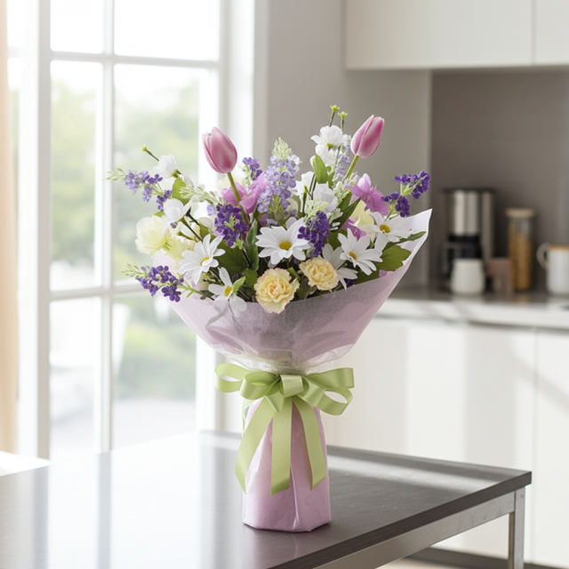 【贈答・贈呈用花束・造花花束・花束ギフト】スイートピーとチューリップのアーティフィシャルフラワーブーケ/パープルミックス