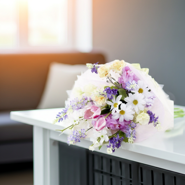 【贈答・贈呈用花束・造花花束・花束ギフト】スイートピーとチューリップのアーティフィシャルフラワーブーケ/パープルミックス