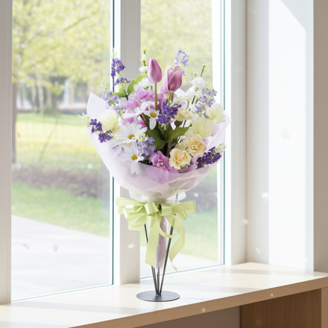 【贈答・贈呈用花束・造花花束・花束ギフト】スイートピーとチューリップのアーティフィシャルフラワーブーケ/パープルミックス