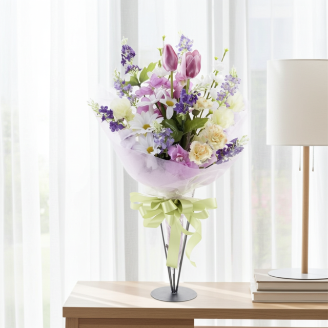 【贈答・贈呈用花束・造花花束・花束ギフト】スイートピーとチューリップのアーティフィシャルフラワーブーケ/パープルミックス