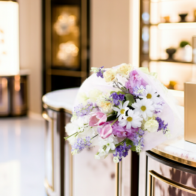 【贈答・贈呈用花束・造花花束・花束ギフト】スイートピーとチューリップのアーティフィシャルフラワーブーケ/パープルミックス