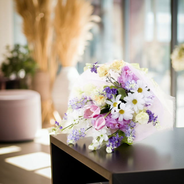 【贈答・贈呈用花束・造花花束・花束ギフト】スイートピーとチューリップのアーティフィシャルフラワーブーケ/パープルミックス