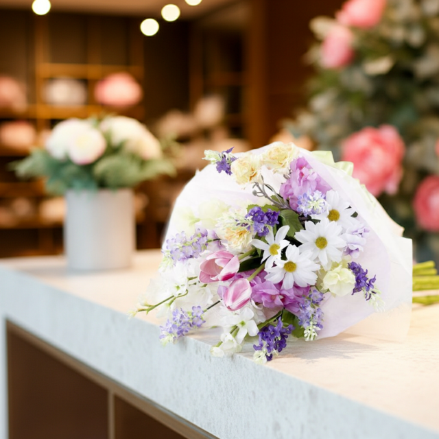 【贈答・贈呈用花束・造花花束・花束ギフト】スイートピーとチューリップのアーティフィシャルフラワーブーケ/パープルミックス