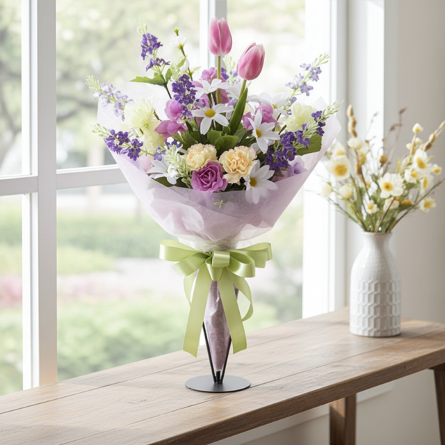 【贈答・贈呈用花束・造花花束・花束ギフト】スイートピーとチューリップのアーティフィシャルフラワーブーケ/パープルミックス