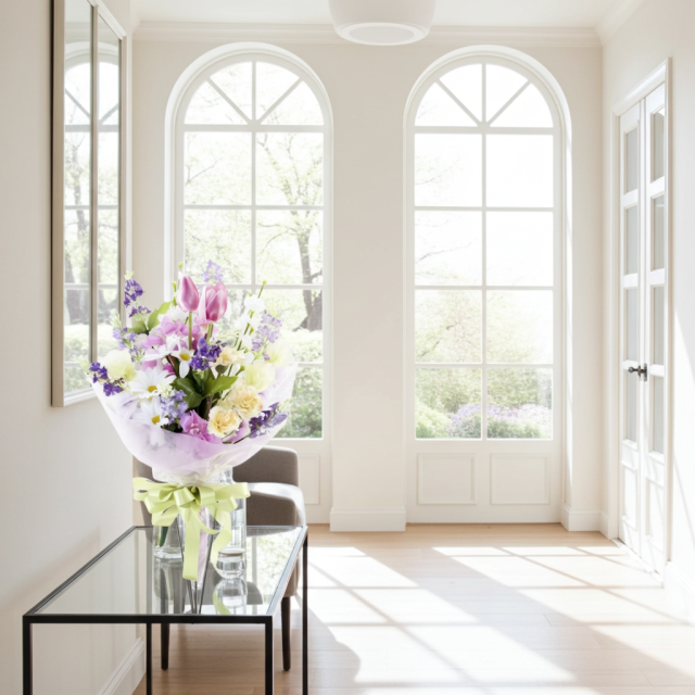 【贈答・贈呈用花束・造花花束・花束ギフト】スイートピーとチューリップのアーティフィシャルフラワーブーケ/パープルミックス