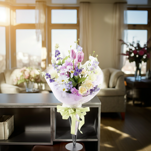 【贈答・贈呈用花束・造花花束・花束ギフト】スイートピーとチューリップのアーティフィシャルフラワーブーケ/パープルミックス