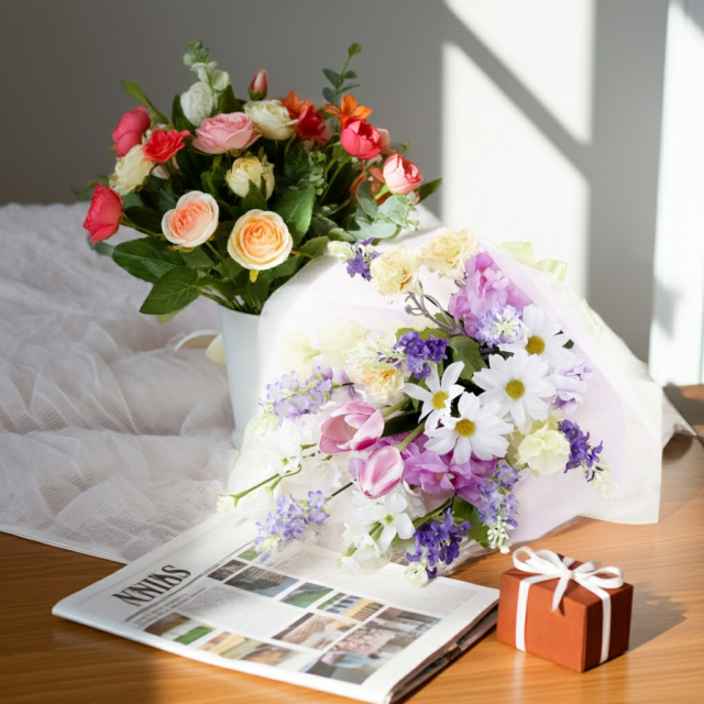 【贈答・贈呈用花束・造花花束・花束ギフト】スイートピーとチューリップのアーティフィシャルフラワーブーケ/パープルミックス