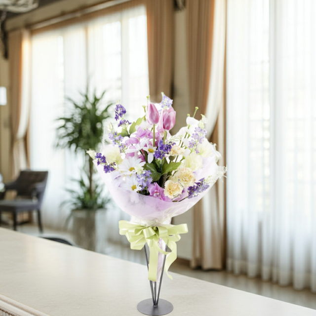 【贈答・贈呈用花束・造花花束・花束ギフト】スイートピーとチューリップのアーティフィシャルフラワーブーケ/パープルミックス