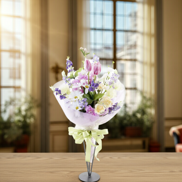 【贈答・贈呈用花束・造花花束・花束ギフト】スイートピーとチューリップのアーティフィシャルフラワーブーケ/パープルミックス