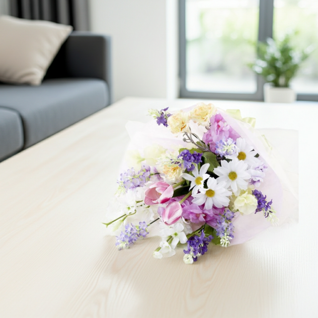 【贈答・贈呈用花束・造花花束・花束ギフト】スイートピーとチューリップのアーティフィシャルフラワーブーケ/パープルミックス