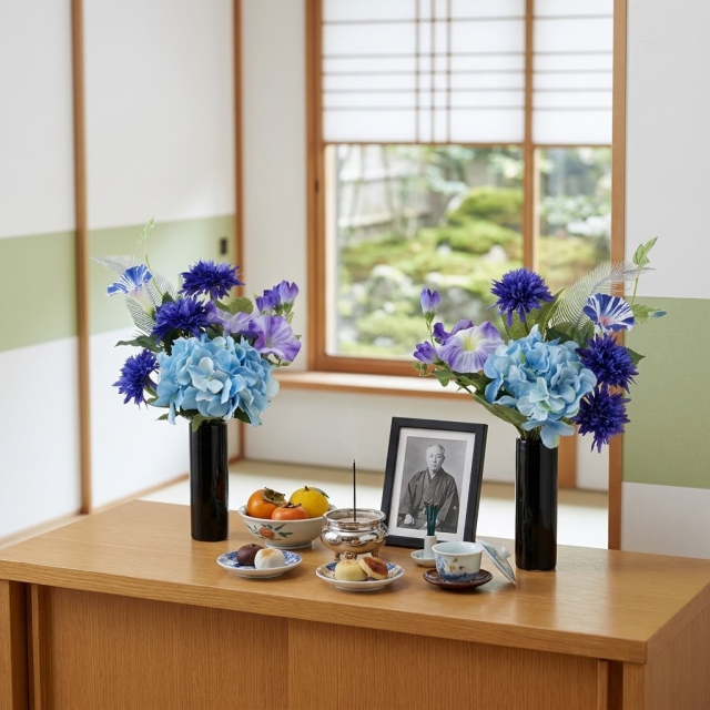 【造花 ミニ供花】モーニンググローリーと矢車草のナチュラルミニ仏花セット（左右１対）