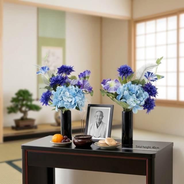 【造花 ミニ供花】モーニンググローリーと矢車草のナチュラルミニ仏花セット（左右１対）