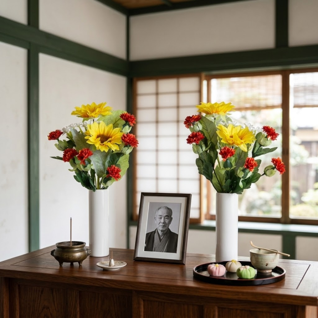 【お墓・仏壇用の造花 供花】向日葵と紅花のミニ仏花セット（左右１対）