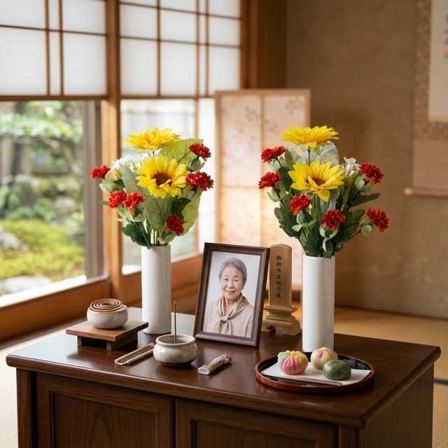 【お墓・仏壇用の造花 供花】向日葵と紅花のミニ仏花セット（左右１対）