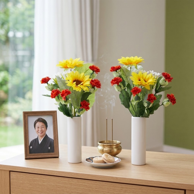 【お墓・仏壇用の造花 供花】向日葵と紅花のミニ仏花セット（左右１対）