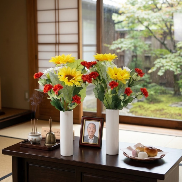 お墓・仏壇用の造花 供花】向日葵と紅花のミニ仏花セット（左右1対
