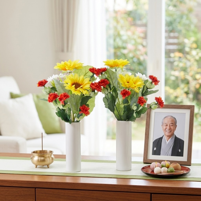 【お墓・仏壇用の造花 供花】向日葵と紅花のミニ仏花セット（左右１対）