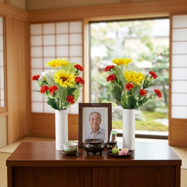 お墓・仏壇用の造花 供花】向日葵と紅花のミニ仏花セット（左右1対