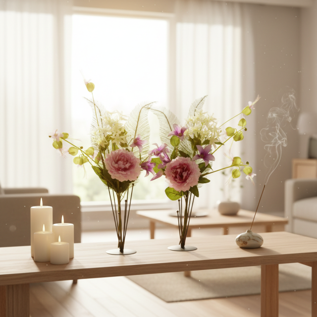 【造花の仏花・供花】ピオニー＆ノーブルクレマチスの供花（左右１対セット）