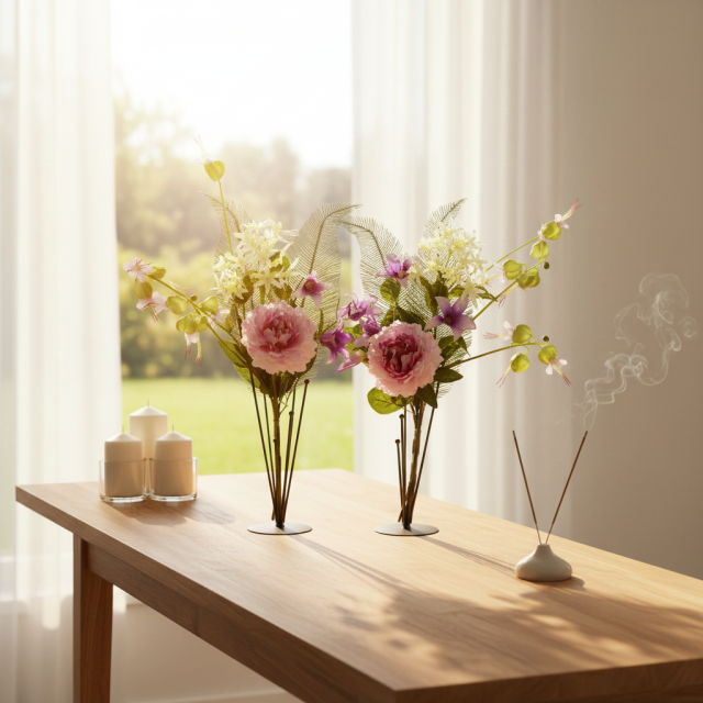 【造花の仏花・供花】ピオニー＆ノーブルクレマチスの供花（左右１対セット）