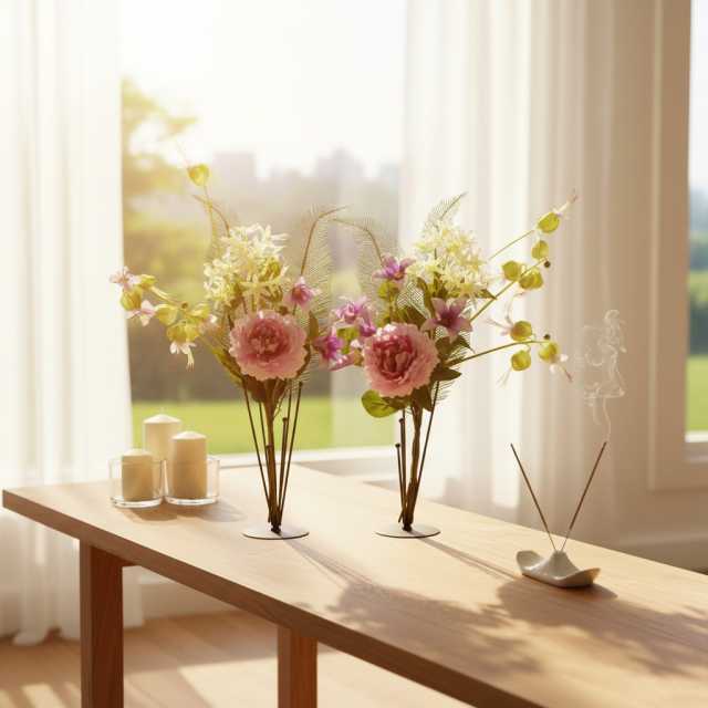 【造花の仏花・供花】ピオニー＆ノーブルクレマチスの供花（左右１対セット）