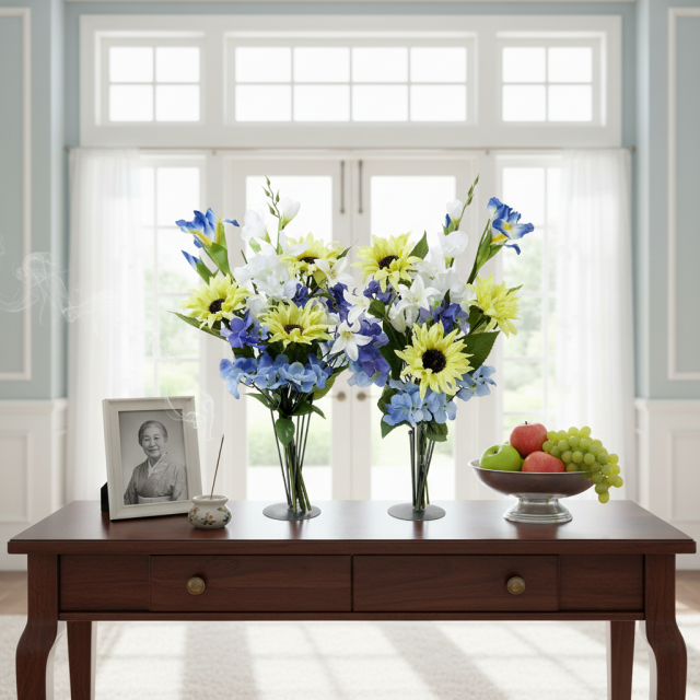 【造花の仏花・供花】ひまわり＆ノーブルクレマチスの供花（左右１対セット）