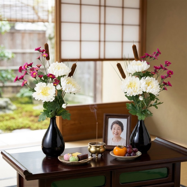 【造花の仏花・供花】菊＆ガマの穂の供花（左右１対セット）