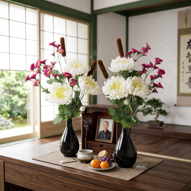 【造花の仏花・供花】菊＆ガマの穂の供花（左右１対セット）