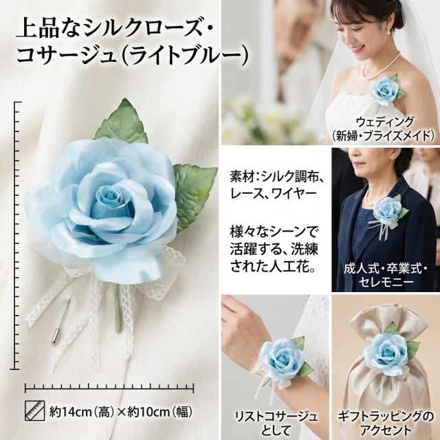 【コサージュ／アートフラワー・アーティフィシャルフラワー】プリンセスローズ（大）のコサージュ（ブルー）