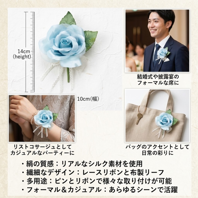 【コサージュ／アートフラワー・アーティフィシャルフラワー】プリンセスローズ（大）のコサージュ（ブルー）
