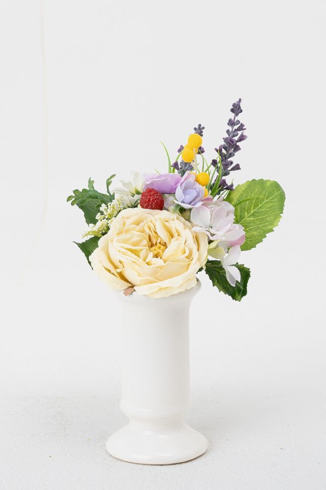 【アーティフィシャルフラワー・造花 お仏壇向けリトル仏花・供花】野薔薇とミモザのミニ供花−1束タイプ