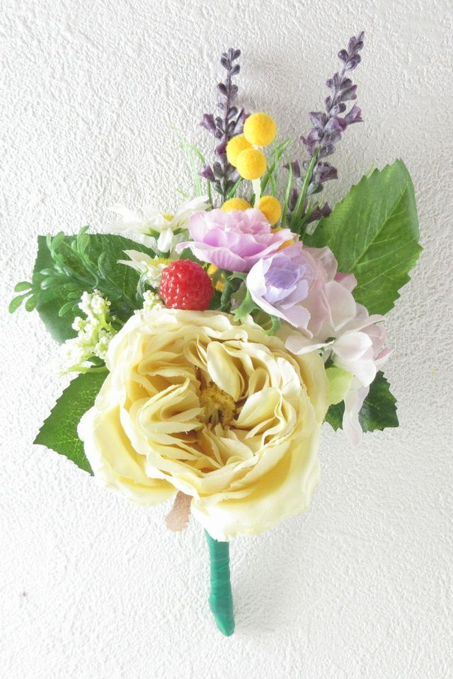 【アーティフィシャルフラワー・造花 お仏壇向けリトル仏花・供花】野薔薇とミモザのミニ供花−1束タイプ