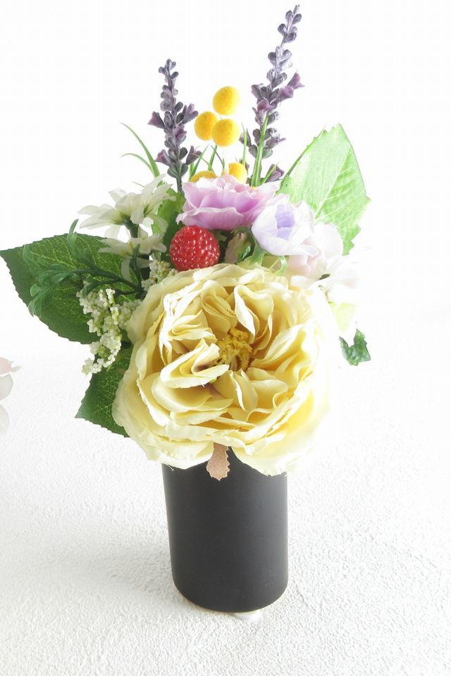 【アーティフィシャルフラワー・造花 お仏壇向けリトル仏花・供花】野薔薇とミモザのミニ供花−1束タイプ