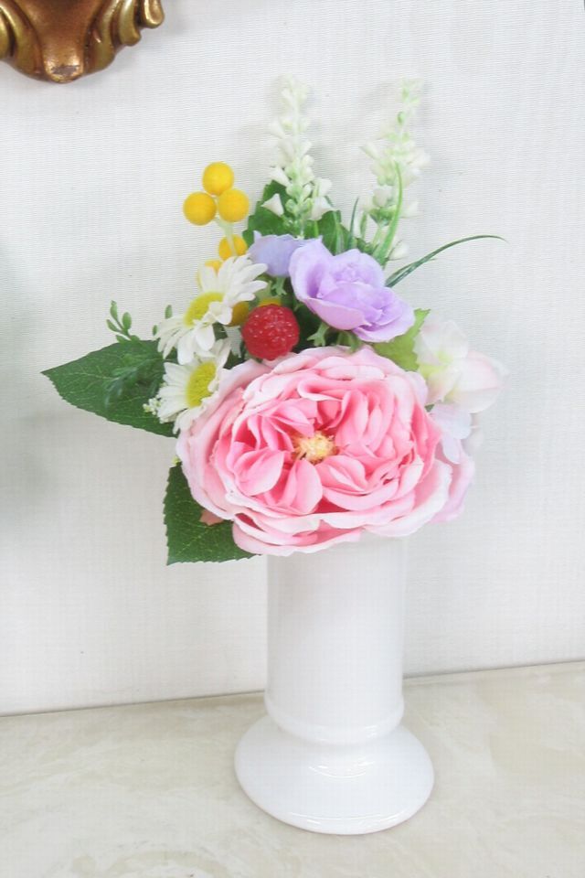 【アーティフィシャルフラワー・造花 お仏壇向けリトル仏花・供花】野薔薇とミモザのミニ供花−1束タイプ