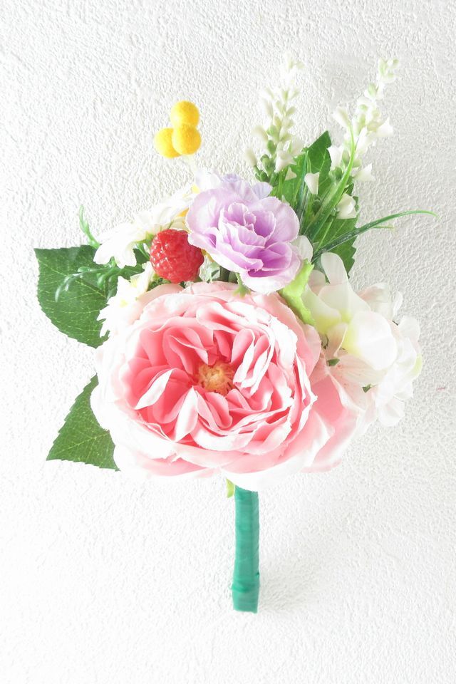 【アーティフィシャルフラワー・造花 お仏壇向けリトル仏花・供花】野薔薇とミモザのミニ供花−1束タイプ