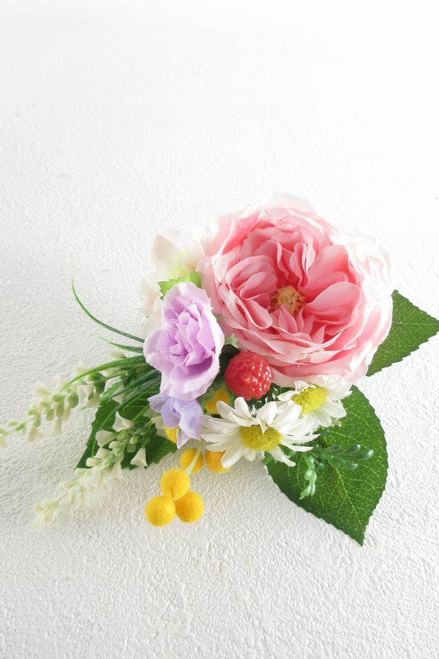 【アーティフィシャルフラワー・造花 お仏壇向けリトル仏花・供花】野薔薇とミモザのミニ供花−1束タイプ