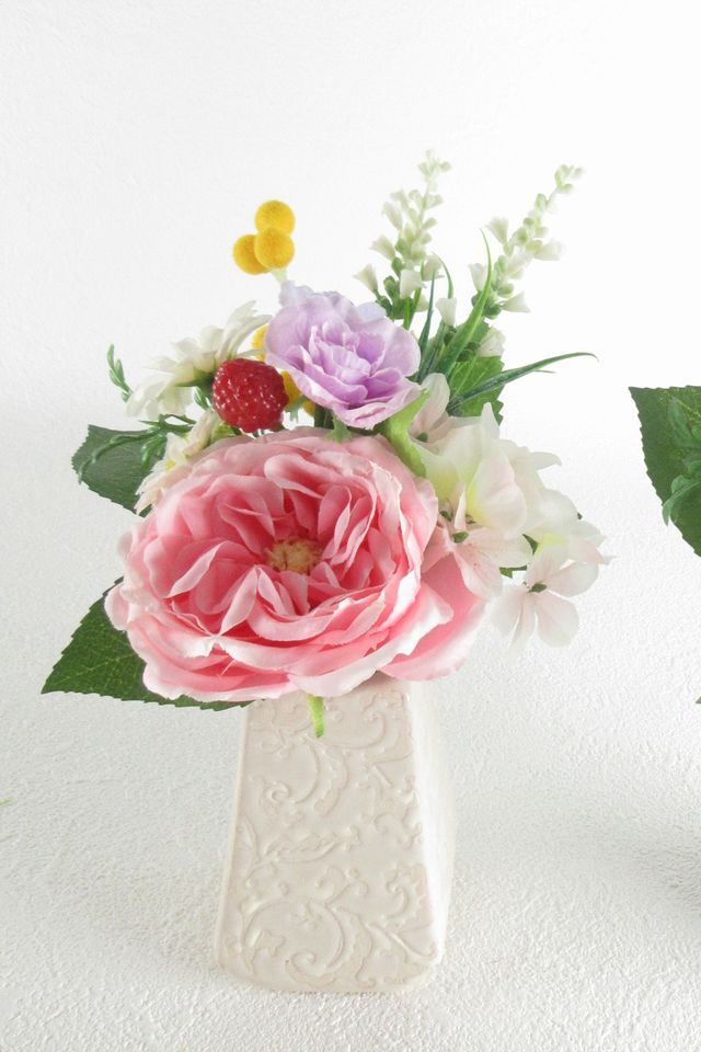【アーティフィシャルフラワー・造花 お仏壇向けリトル仏花・供花】野薔薇とミモザのミニ供花−1束タイプ