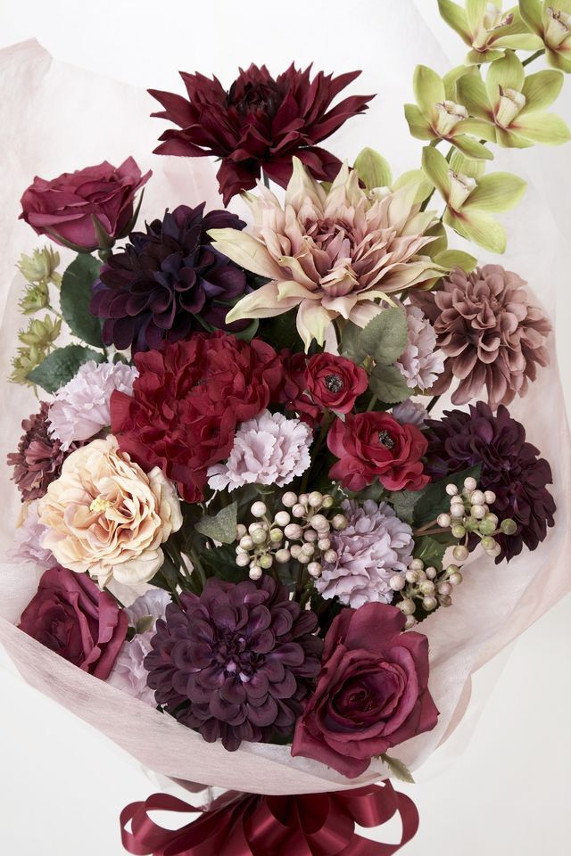 【贈答・贈呈用花束・造花花束・花束ギフト】薔薇とダリアとカーネーションのアーティフィシャルフラワーブーケ/ル・モンド