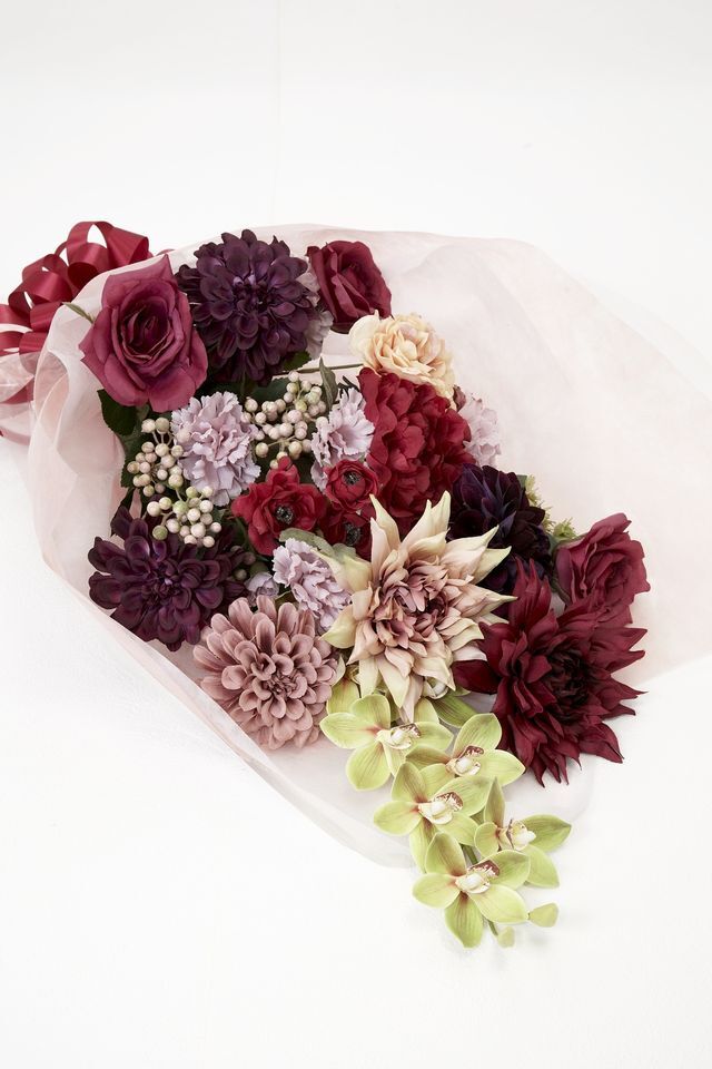 【贈答・贈呈用花束・造花花束・花束ギフト】薔薇とダリアとカーネーションのアーティフィシャルフラワーブーケ/ル・モンド