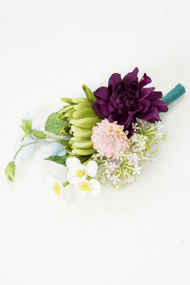 【アーティフィシャルフラワー・造花 お仏壇向けリトル仏花・供花】ダリアとマムのミニ供花−1束タイプ