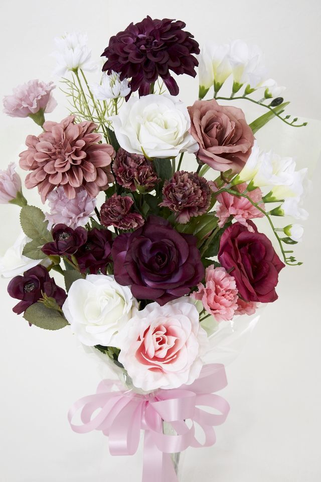 【贈答・贈呈用花束・造花花束・花束ギフト】バラとダリアとカーネーションのアーティフィシャルフラワーブーケ/ワインレッド