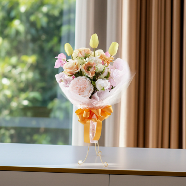 【贈答・贈呈用花束・造花花束・花束ギフト】スイートピーとチューリップのアーティフィシャルフラワーブーケ/アプリコットミックス