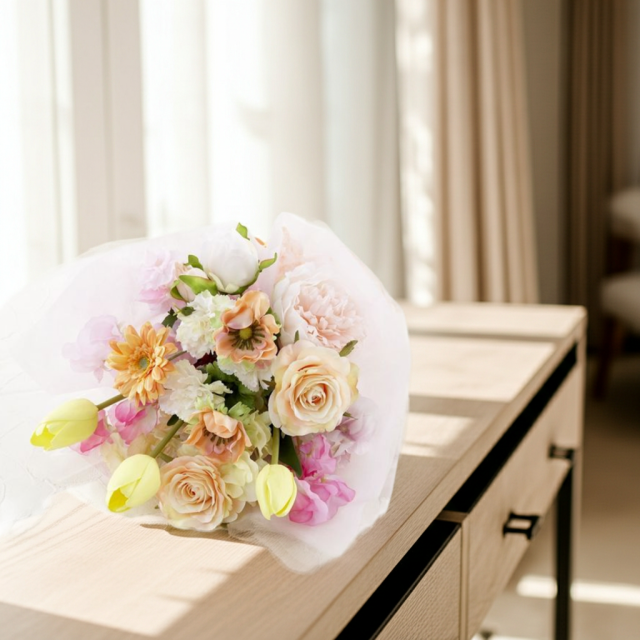 【贈答・贈呈用花束・造花花束・花束ギフト】スイートピーとチューリップのアーティフィシャルフラワーブーケ/アプリコットミックス